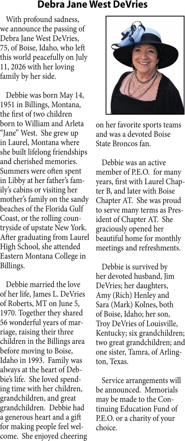 Celebration of Life, Debra Jane West DeVries
