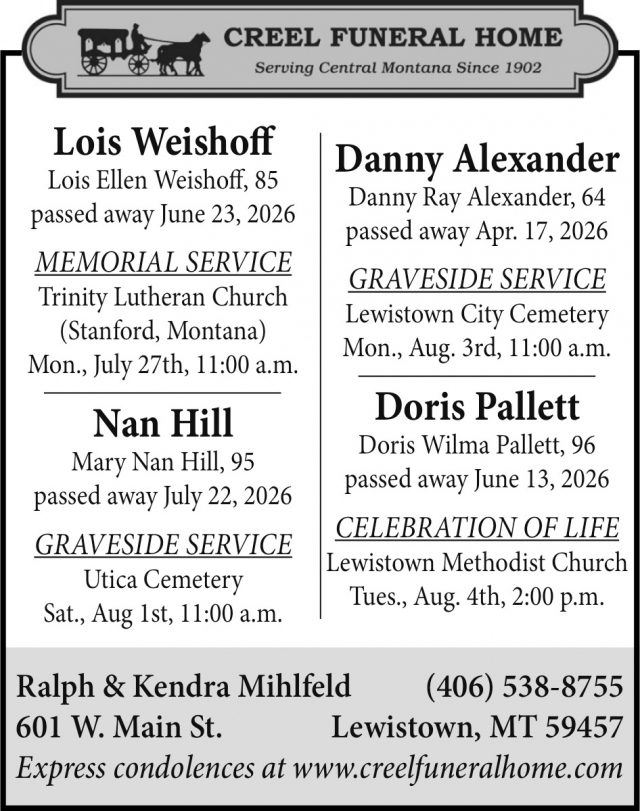 Memorial Announcement, Creel Funeral Home, Lewistown, MT