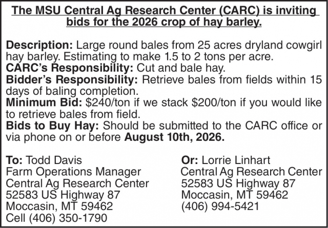 Submit Your Hay Bid Now, Montana State University - Central Ag Research Center, Moccasin, MT
