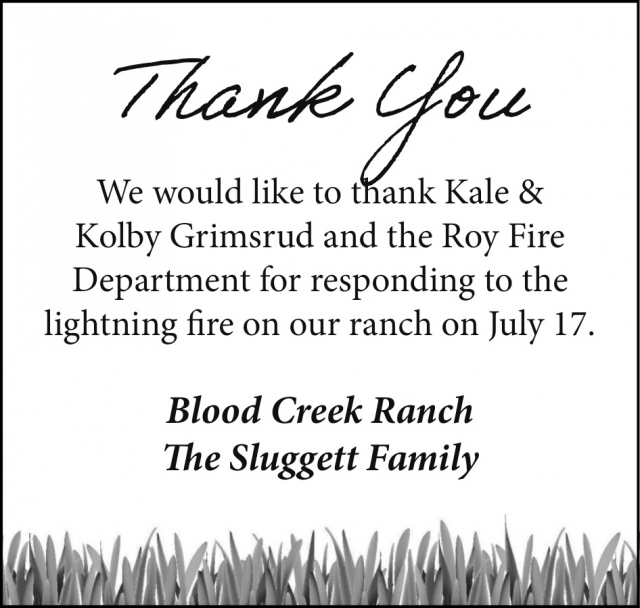 Thank You, Blood Creek Ranch Inc