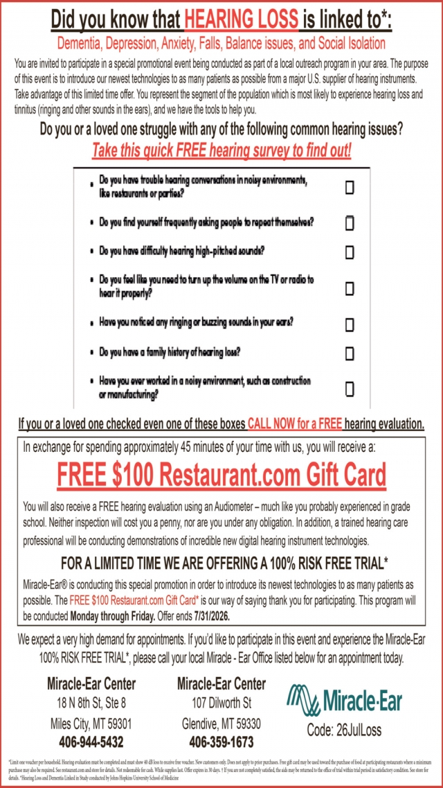 Free Hearing Evaluation,  Miracle-Ear / Miles City - Glendive, Glendive, MT
