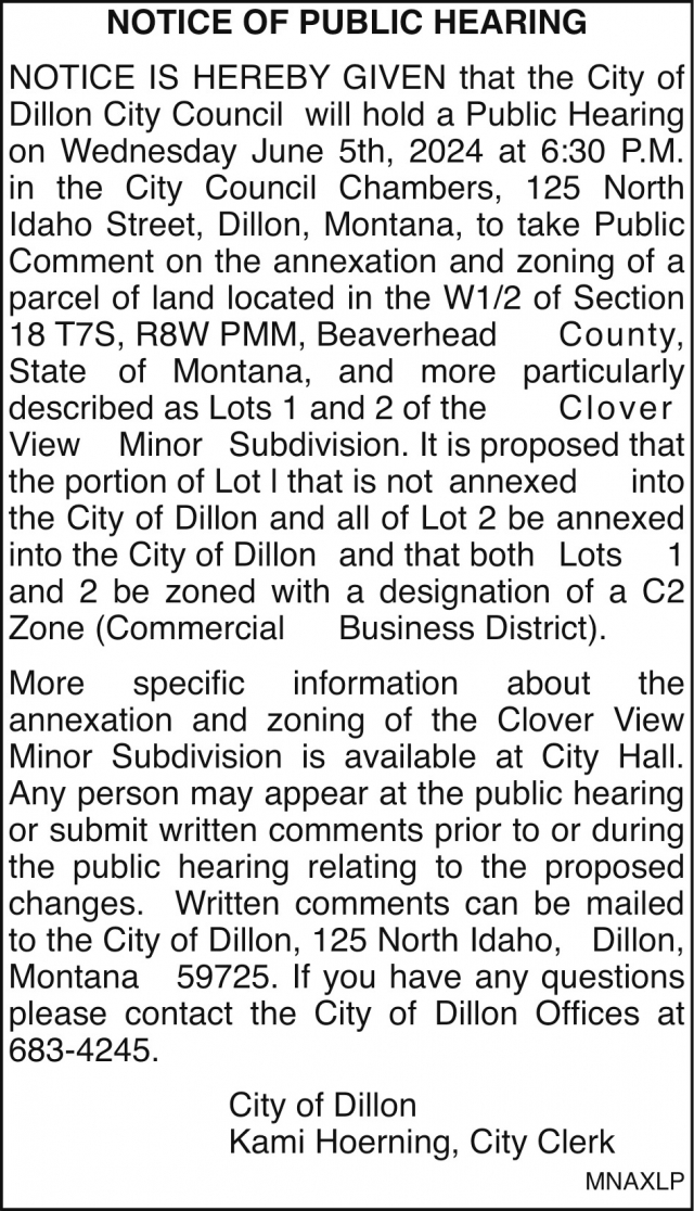 Notice of Public Hearing, City of Dillon, Dillon, MT