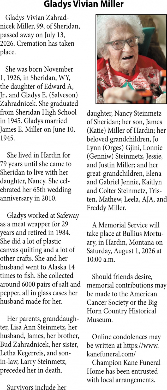 In Loving Memory, Gladys Vivian Miller