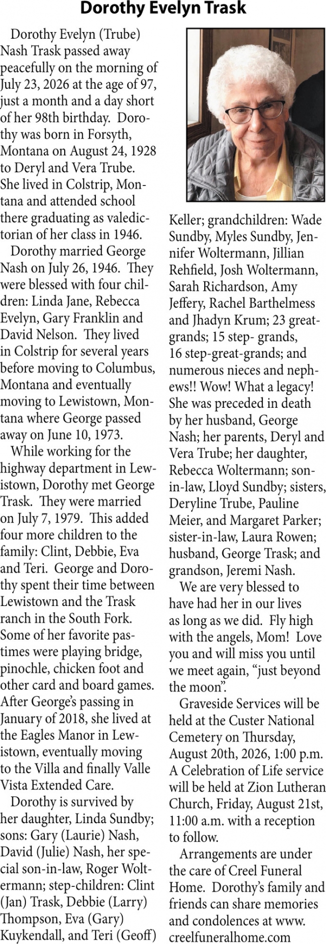 Celebration of Life, Dorothy Evelyn Trask
