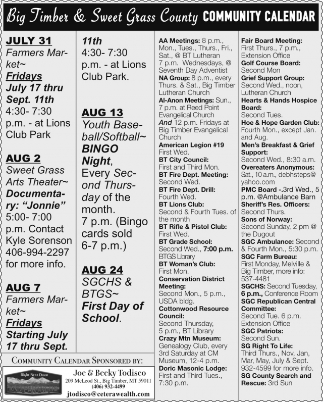 Community Groups & Events, Joe & Becky Todisco, Big Timber, MT
