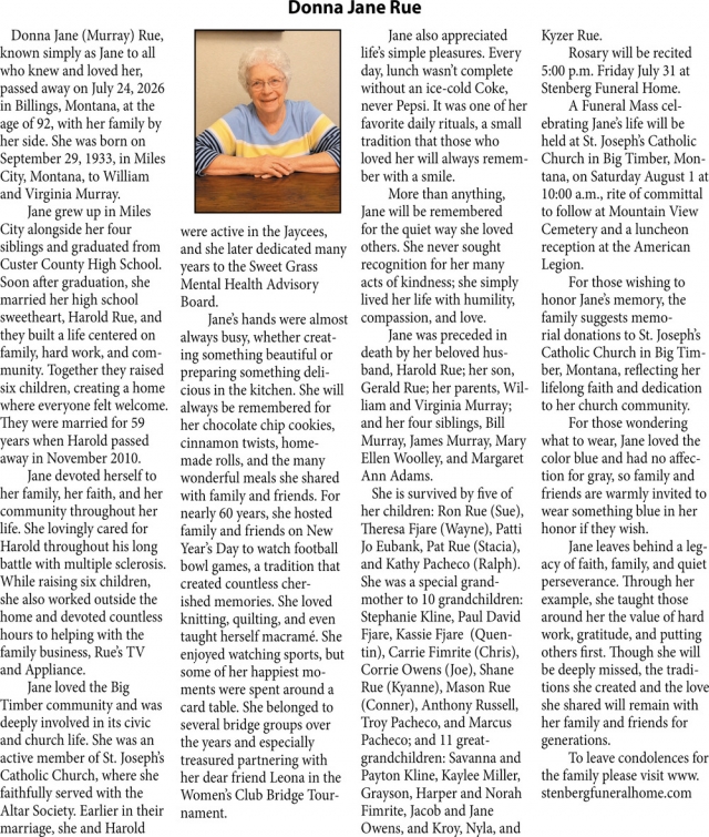 In Memory and Tribute, Donna Jane Rue