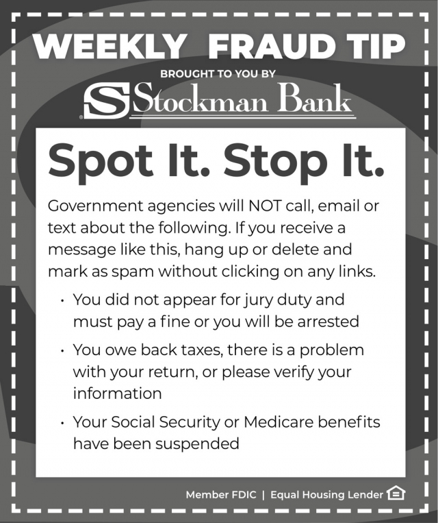 Weekly Fraud Awareness Tip, Stockman Bank