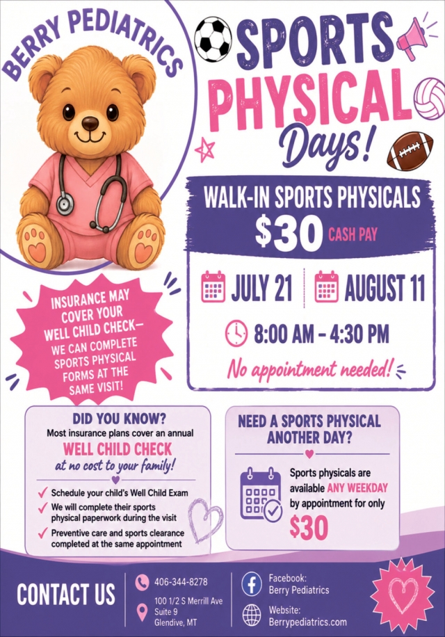 Affordable Sports Physicals, Berry Pediatrics, Glendive, MT