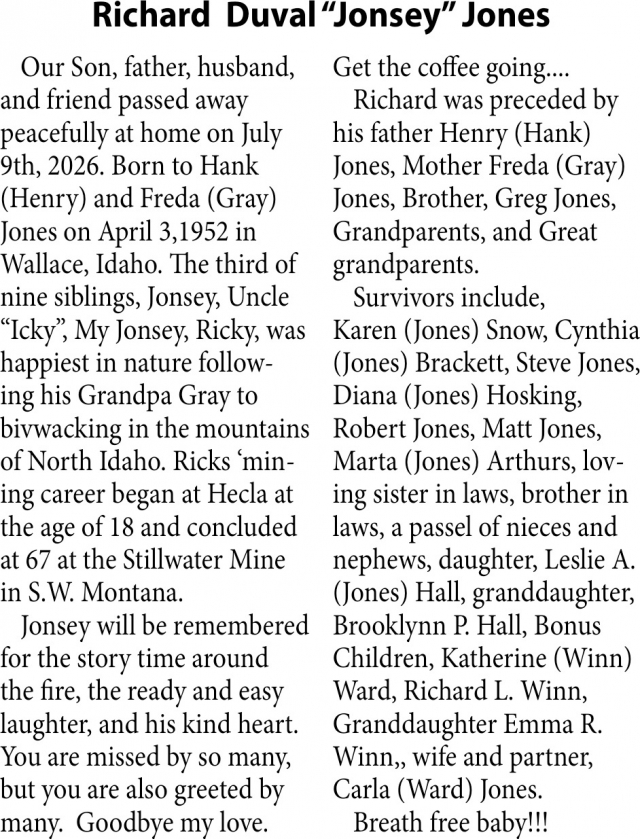 In Loving Memory, Richard Duval "Jonsey" Jones