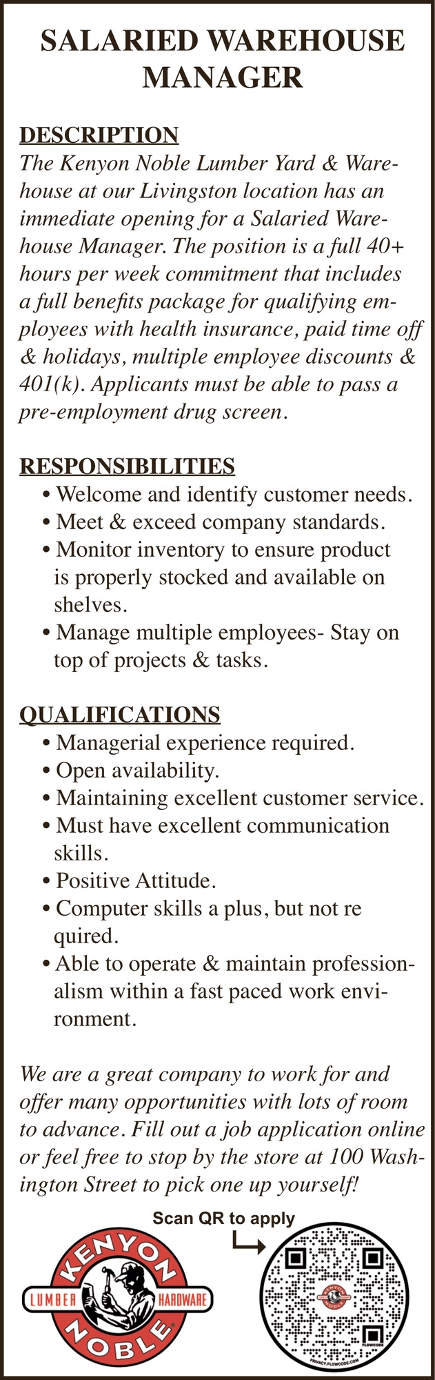 Salaried Warehouse Manager   , Kenyon Noble, Bozeman, MT