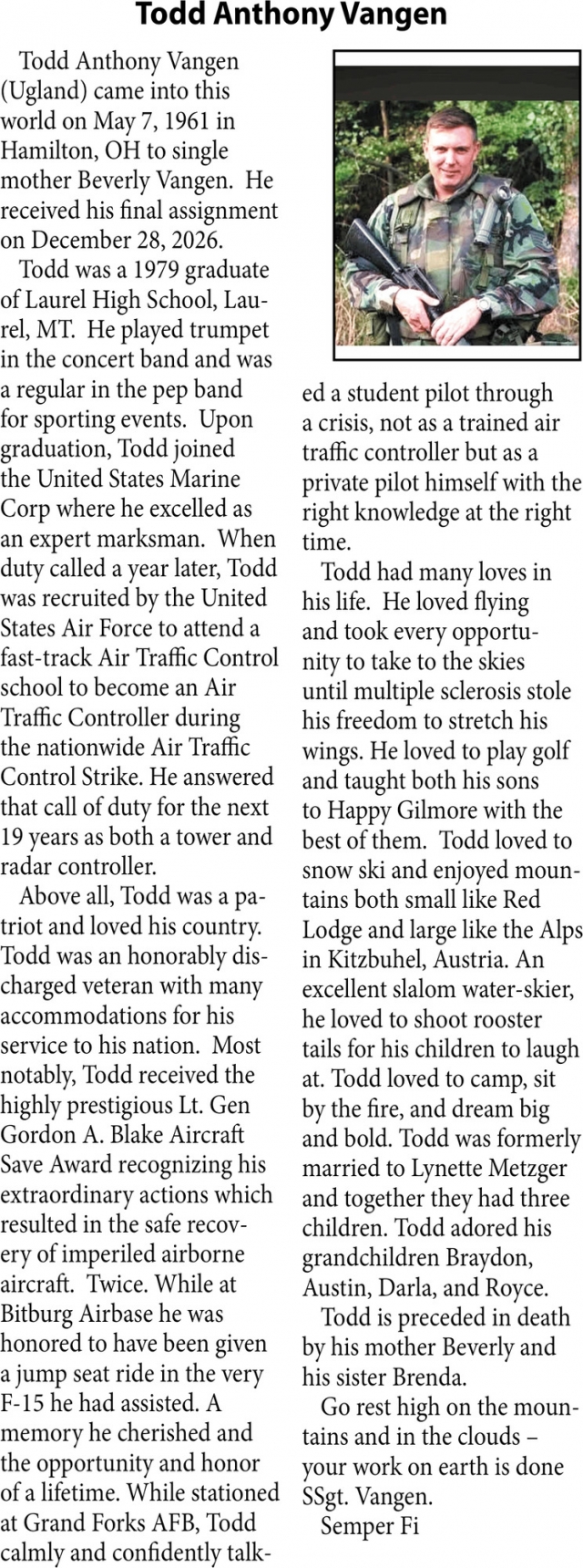 Celebration of Life, Todd Anthony Vangen