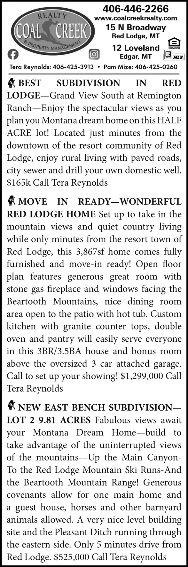 Mountain View Homes For Sale, Coal Creek Realty & Property Management, Edgar, MT