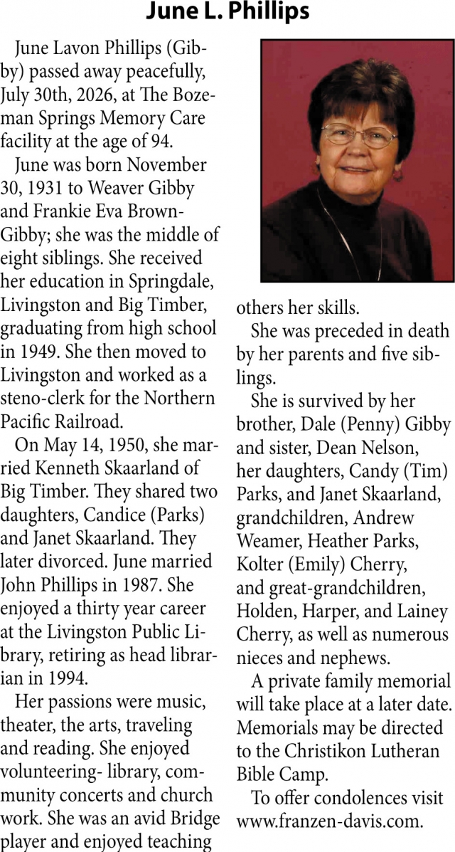 In Loving Memory, June L. Philips