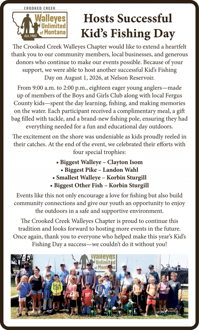 Thank You Community, Crooked Creek Chapter of Walleyes Unlimited, Lewistown, MT