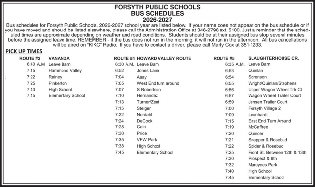 School Bus Schedules 26-27, Forsyth School District #4, Forsyth, MT