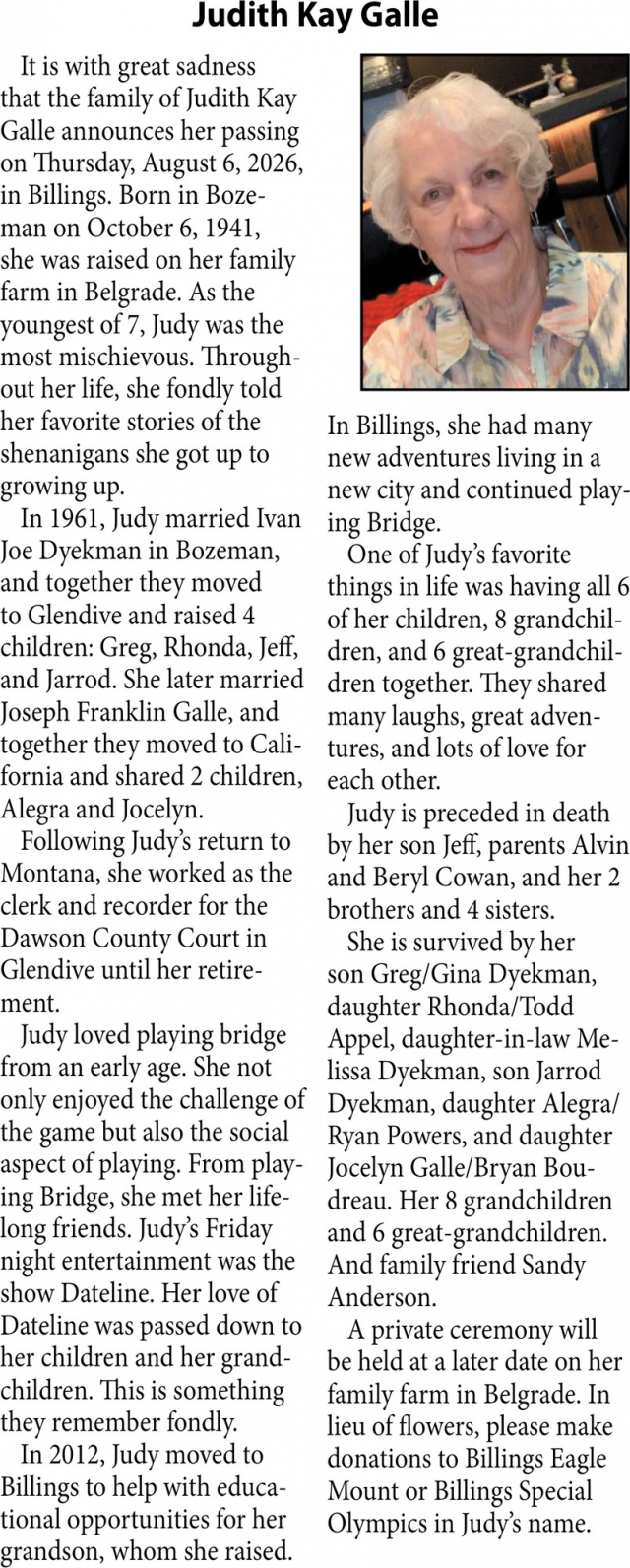 In Loving Memory, Judith Kay Galle