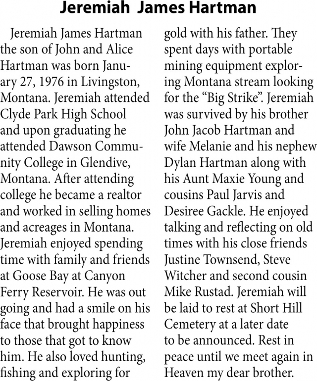 Celebration Of Life, Jeremiah James Hartman