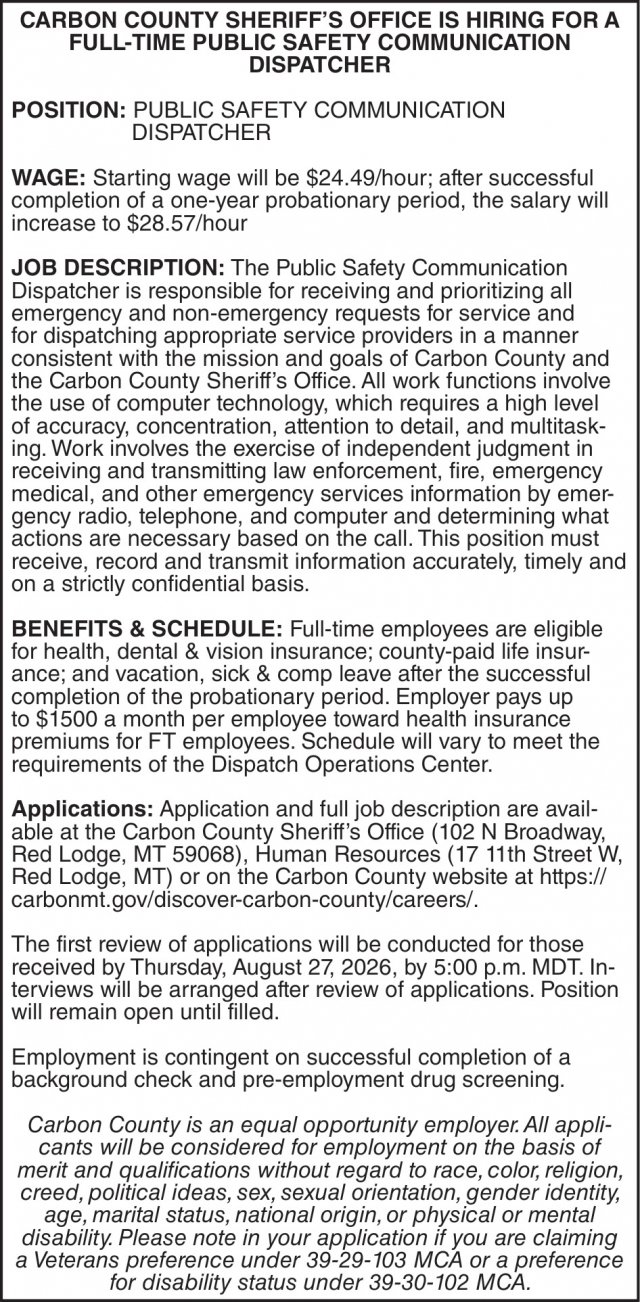 Public Safety Communication Dispatcher, Carbon County Sheriff's Office, Red Lodge, MT