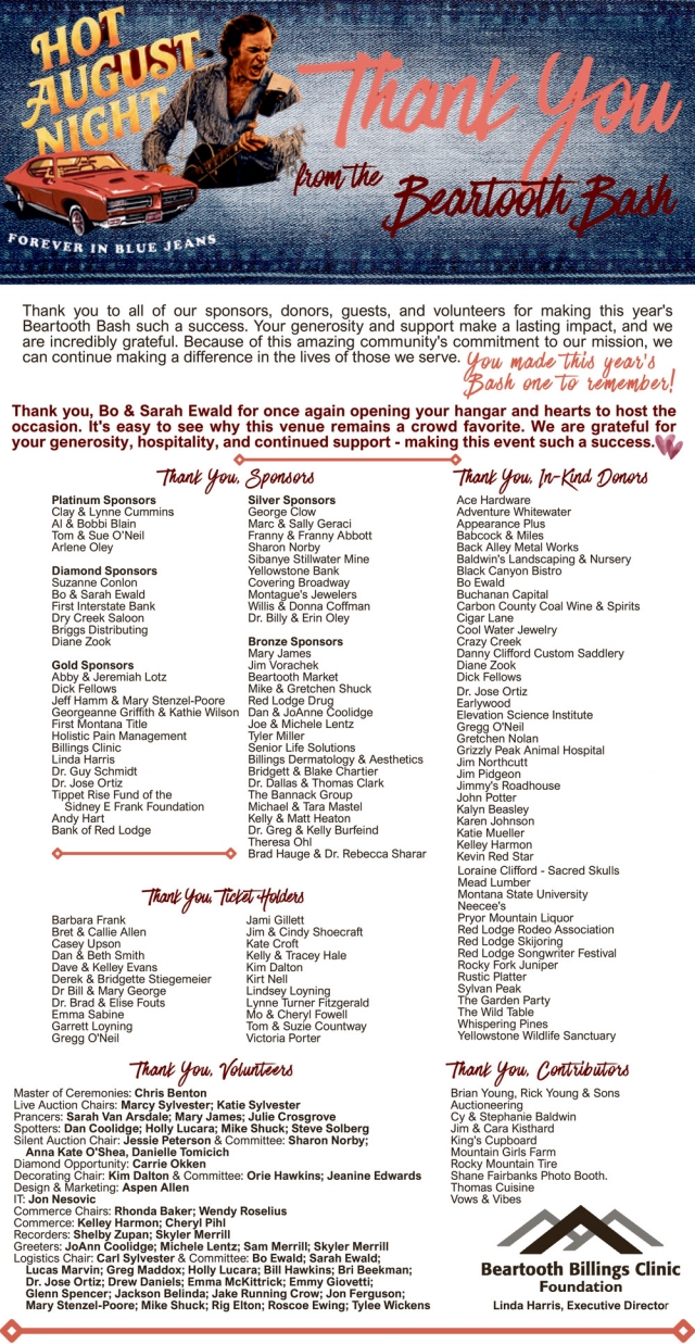 Thank You Bash Sponsors, Beartooth Billings Clinic, Red Lodge, MT