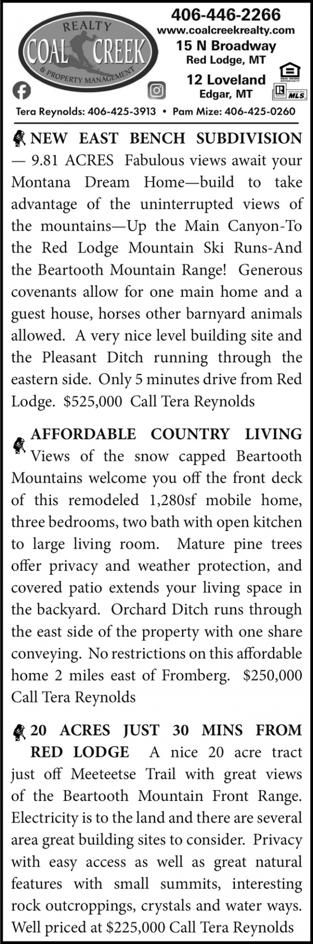 Mountain View Properties, Coal Creek Realty & Property Management, Edgar, MT