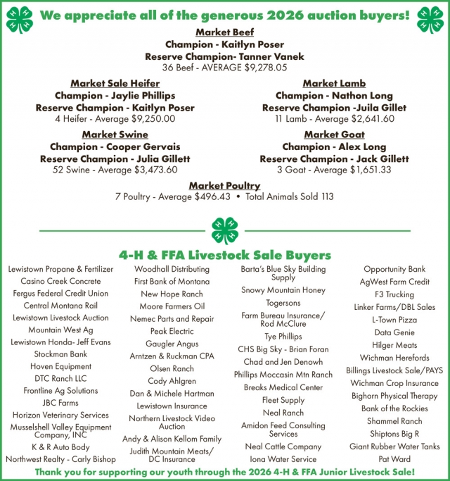 Thank You, Auction Buyers, Central Montana Fair – 4-H