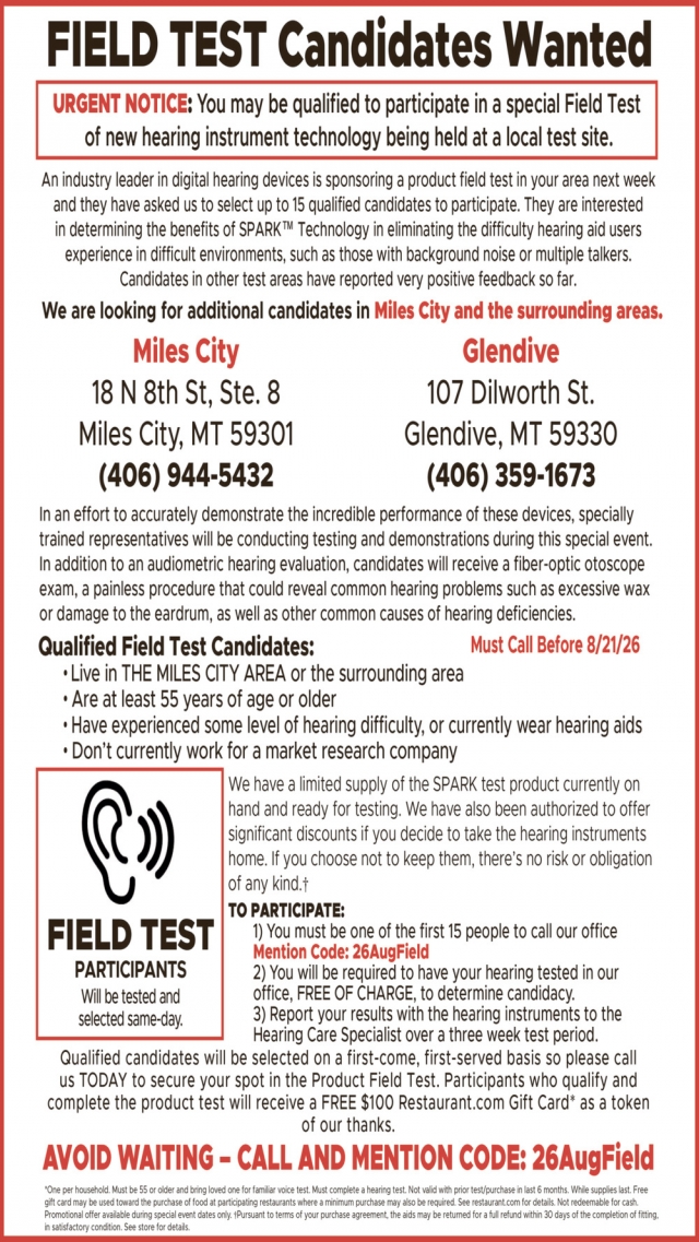Hearing Trouble? Get Tested Free, 406-944-5432 / 406-359-1673, Glendive, MT