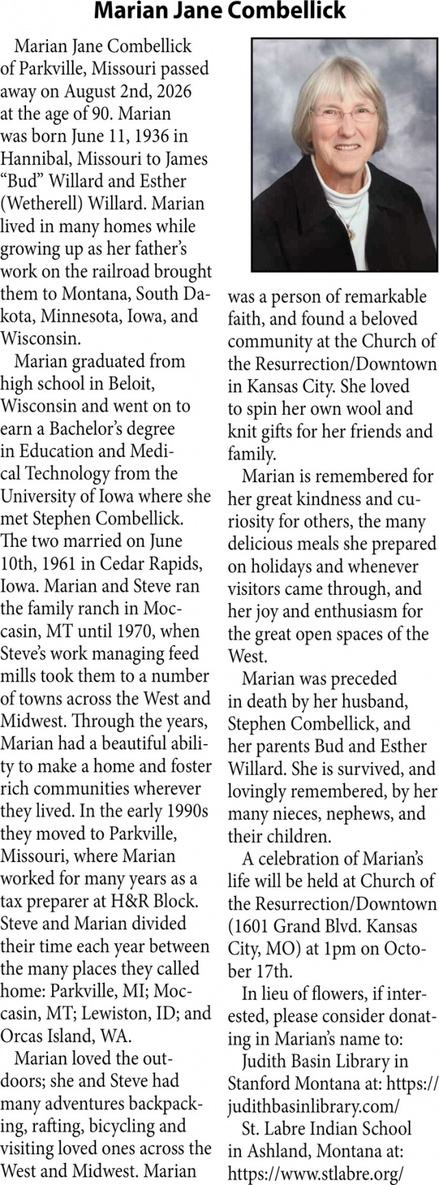 In Loving Memory, Marian Jane Combellick