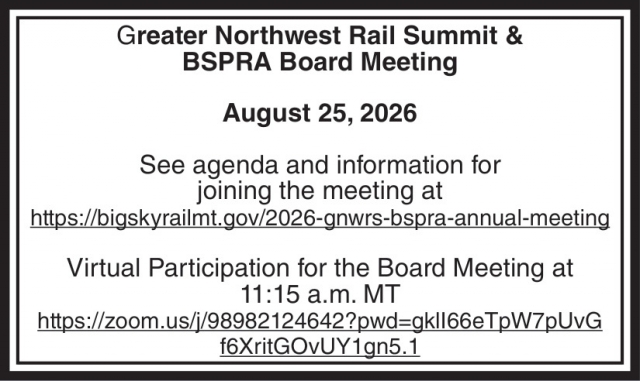 Board Meeting, Join Virtually, Greater Northwest Rail Summit & BSPRA Board Meeting - August 25, 2026