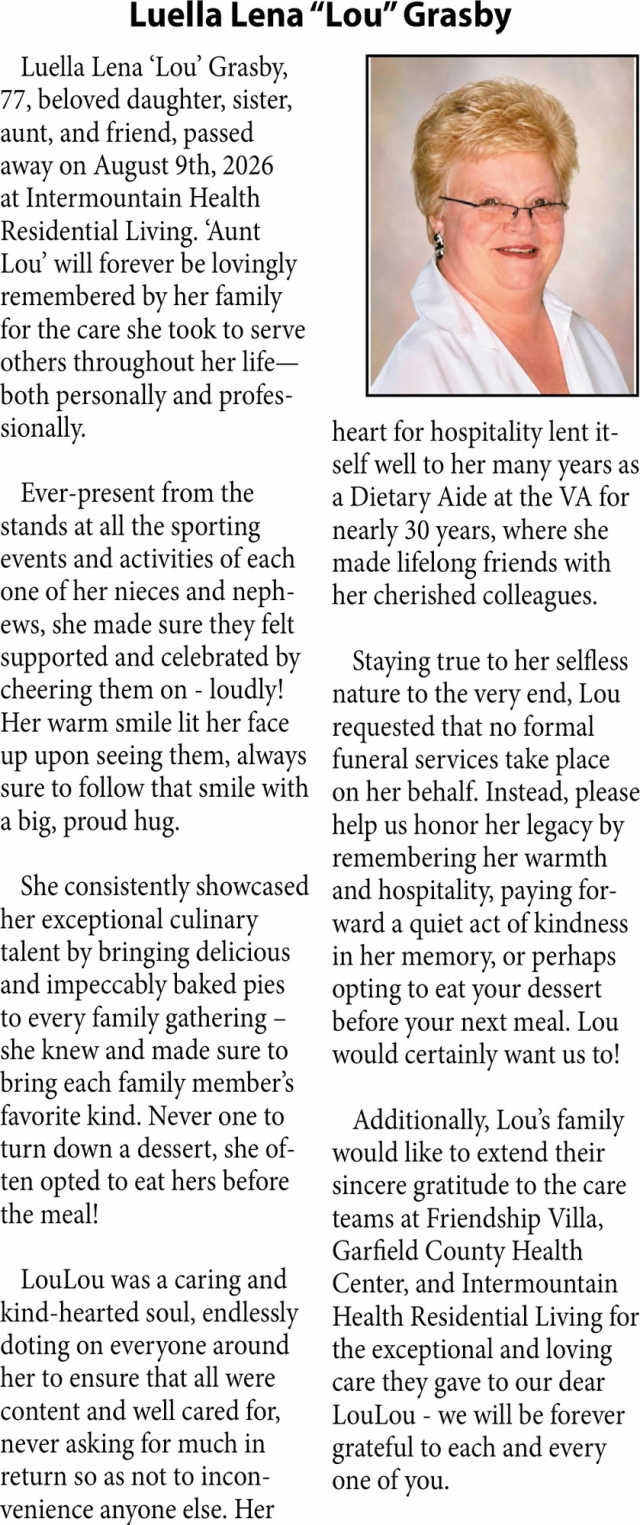 In Loving Memory, Luella Lena Grasby