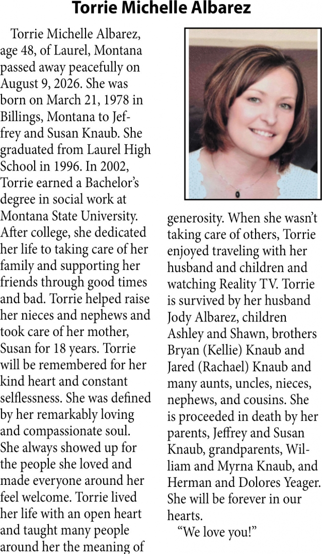Celebration of Life, Torrie Michelle Albarez