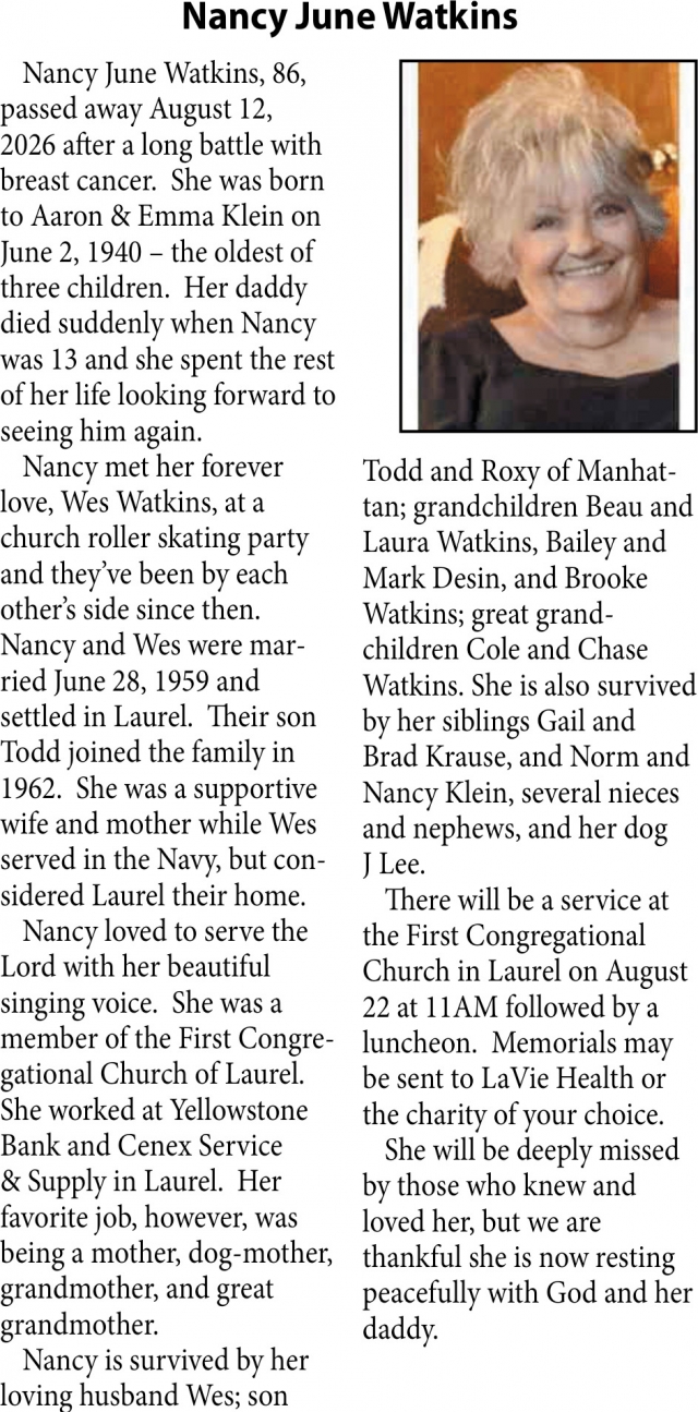 Celebration of Life, Nancy June Watkins