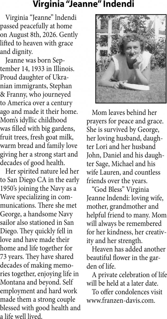 In Loving Memory, Virginia "Jeanne" Indendi