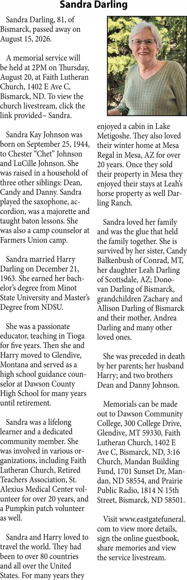 Celebration of Life, Sandra Darling