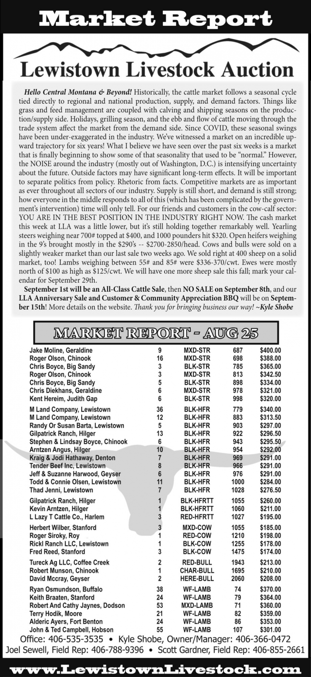 Cattle Prices, Updated Weekly, Lewistown Livestock Auction, Lewistown, MT