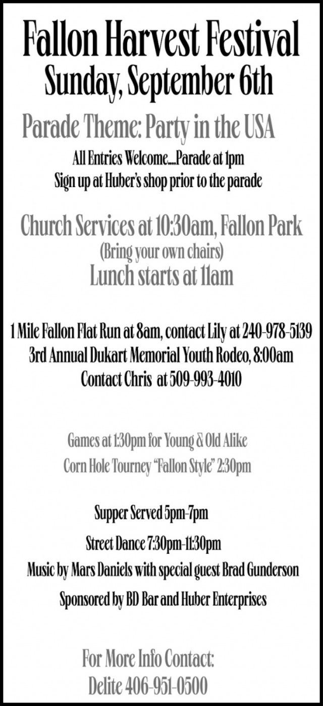 Join The Party In The USA , Fallon Harvest Festival - September 6, 2026, Fallon, MT
