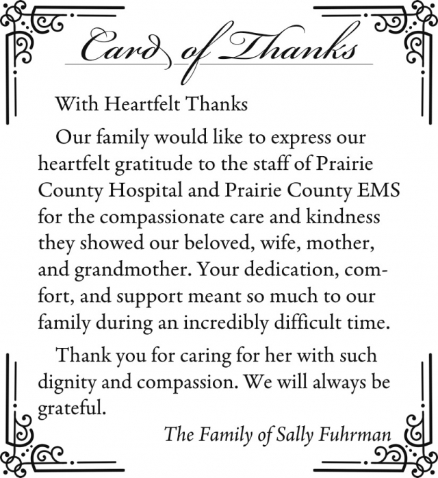 Thank You For Caring With Heart, Family of Sally Fuhrman