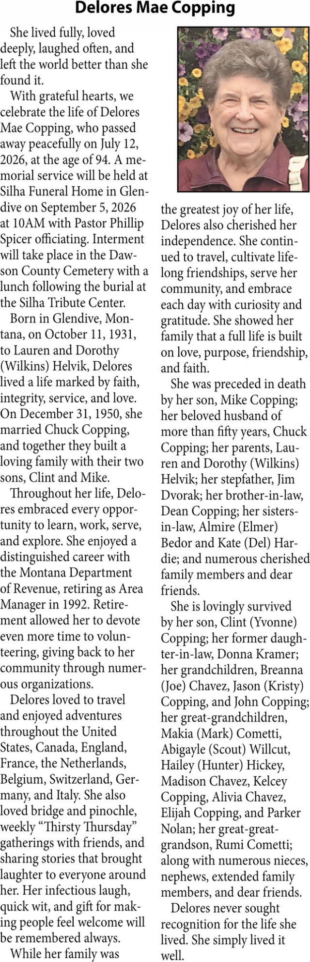 Celebration of Life, Delores Mae Copping