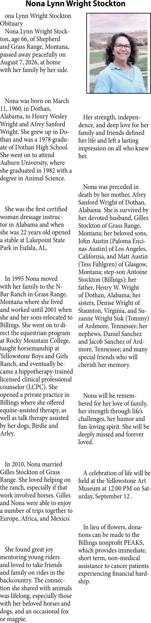 In Loving Memory, Nona Lynn Wright Stockton
