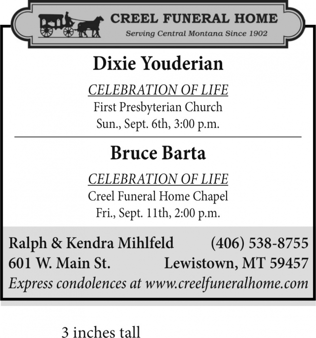 Funeral Service Announcement, Creel Funeral Home, Lewistown, MT