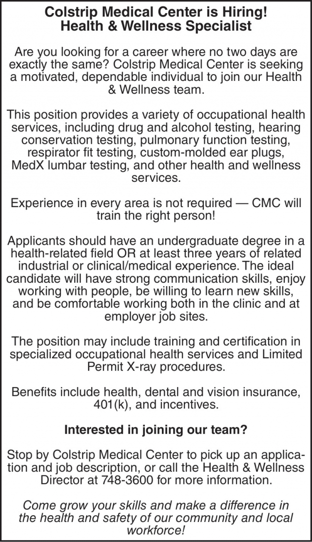 Health & Wellness Specialist, Colstrip Medical Center