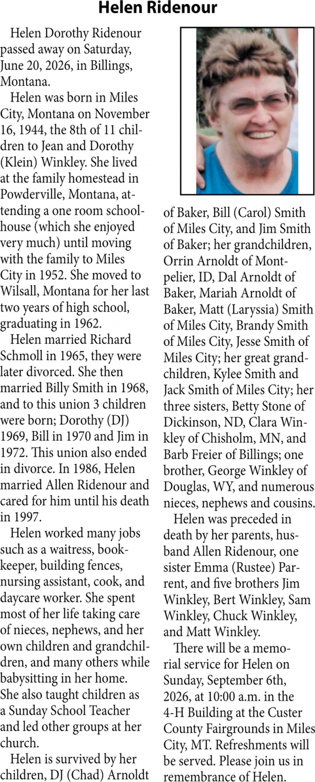 In Loving Memory, Helen Ridenour