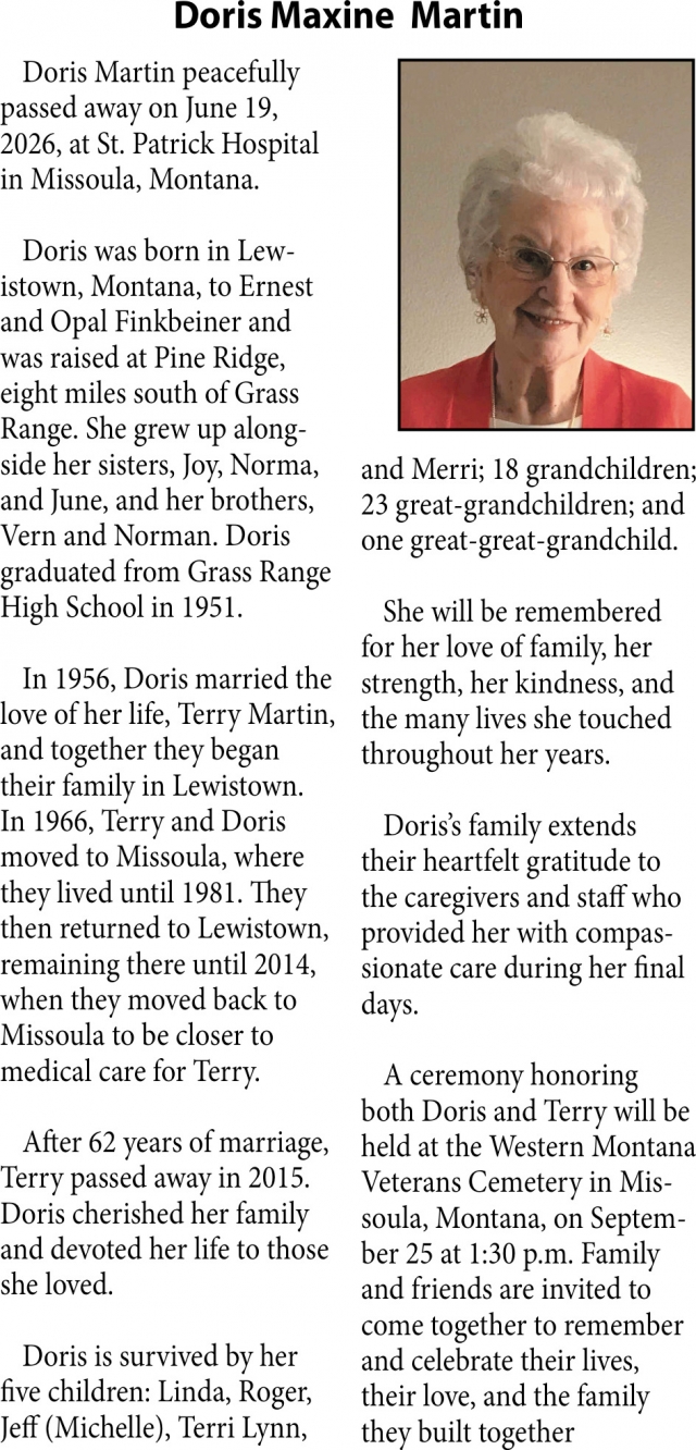 Celebration of Life, Doris Maxine Martin