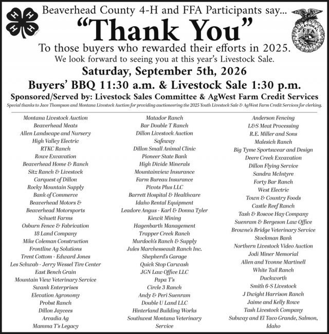 Thank You For Your Support, Beaverhead County 4-H
