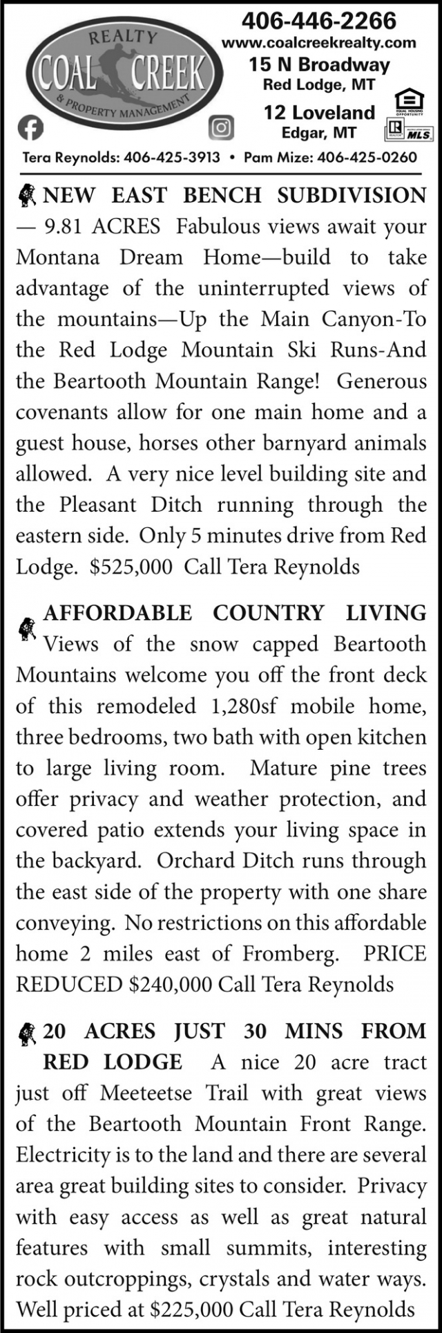 Build Where The Views Win, Coal Creek Realty & Property Management, Edgar, MT