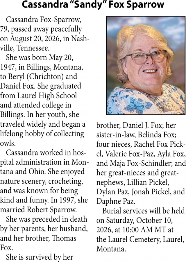In Loving Memory, Cassandra "Sandy" Fox Sparrow