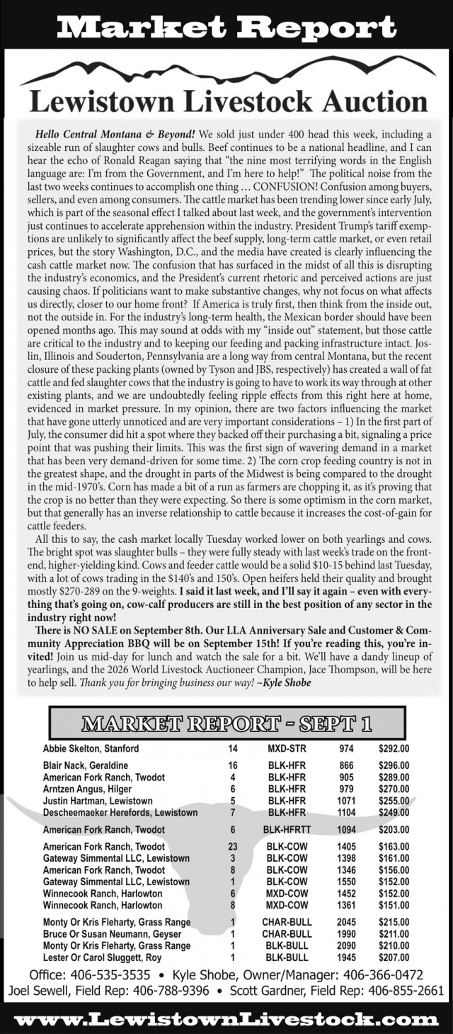 Weekly Market Insight Inside, Lewistown Livestock Auction, Lewistown, MT