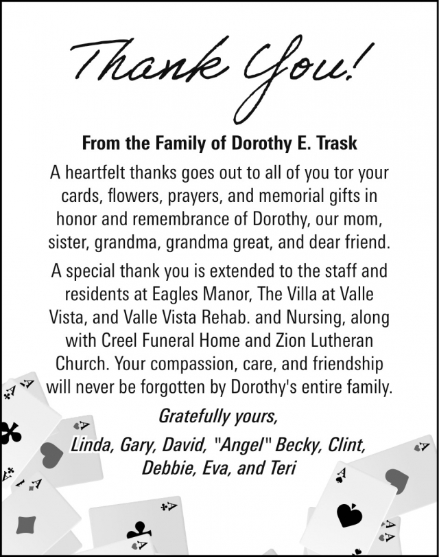 Thank You For Your Compassion, Family of Dorothy E. Trask