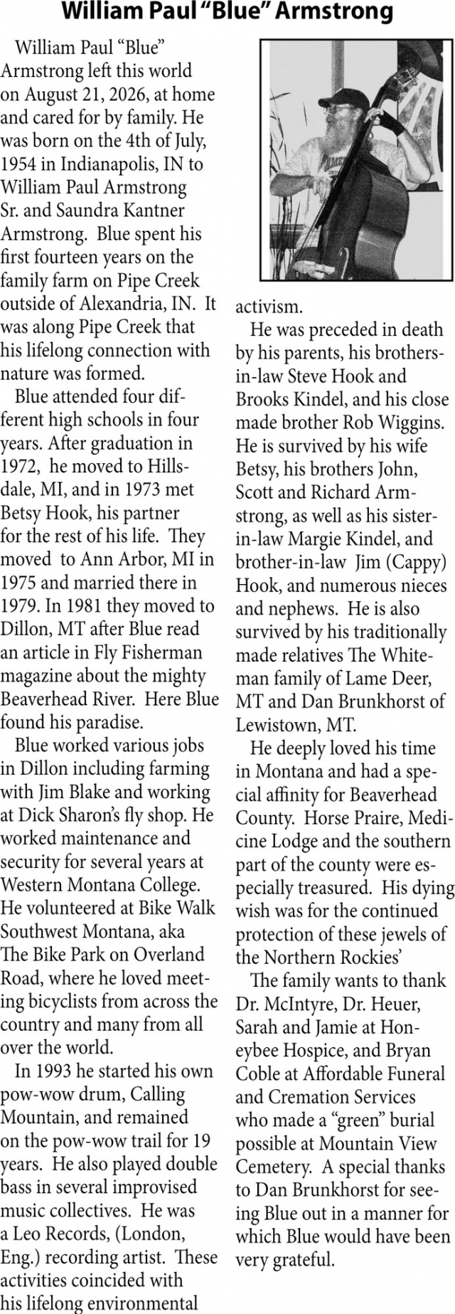 In Loving Memory, William Paul "Blue" Armstrong