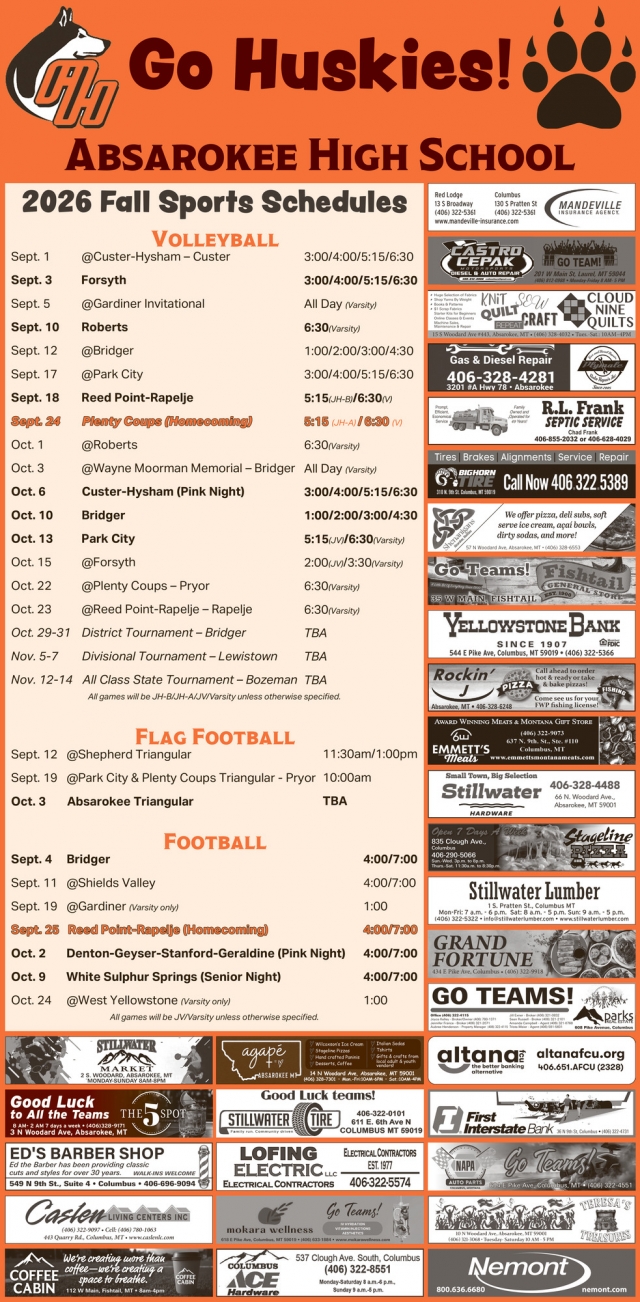 2026 Fall Sports Schedule, Absarokee High School, Absarokee, MT