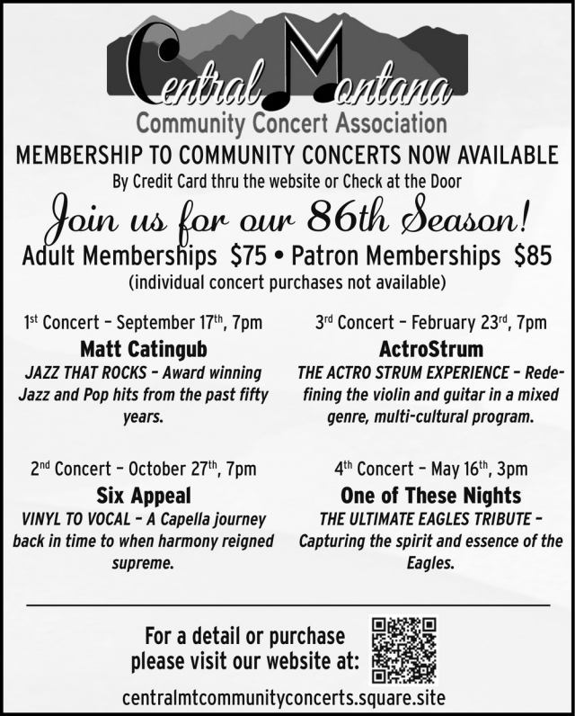 Join the 86th Season Now, Central Montana Community Concert Association, Lewistown, MT